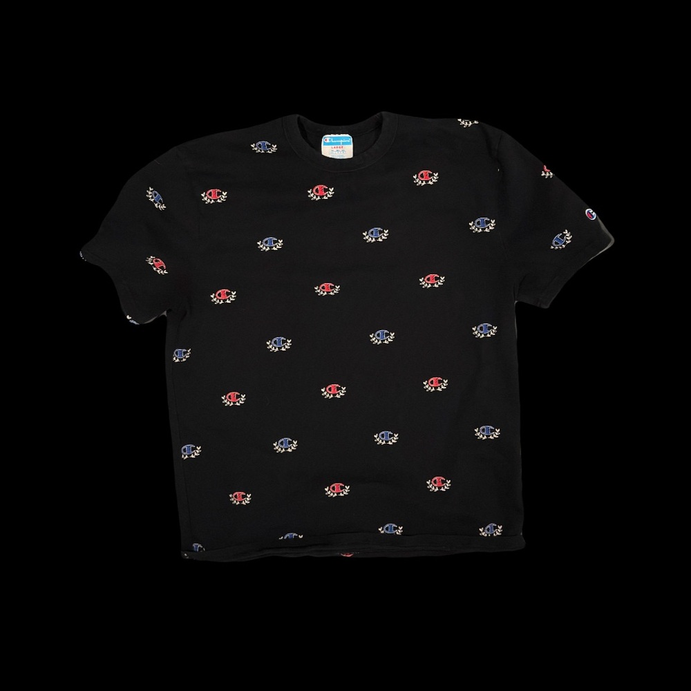 Champion All-Over Logo Print T-Shirt Short Sleeve Crewneck Pullover Black Mens L